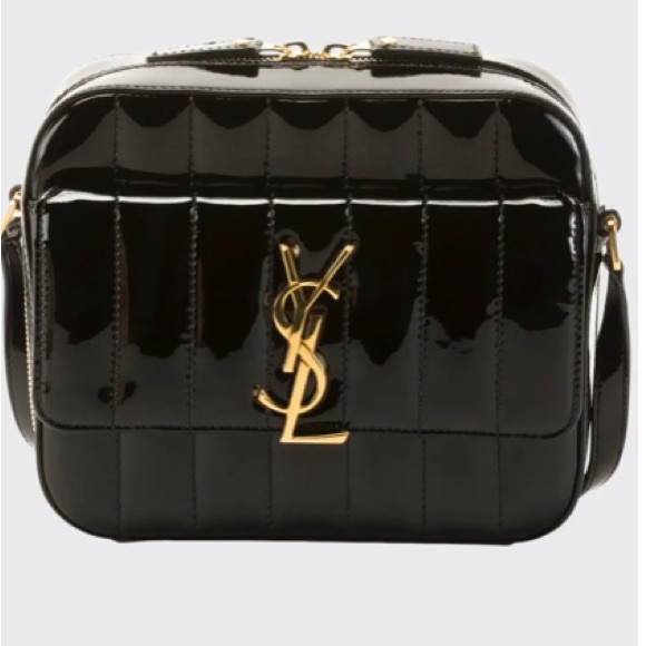 SAINT LAURENT Vicky Medium YSL Monogram Quilted Black Patent Camera Bag EUC - Picture 1 of 8